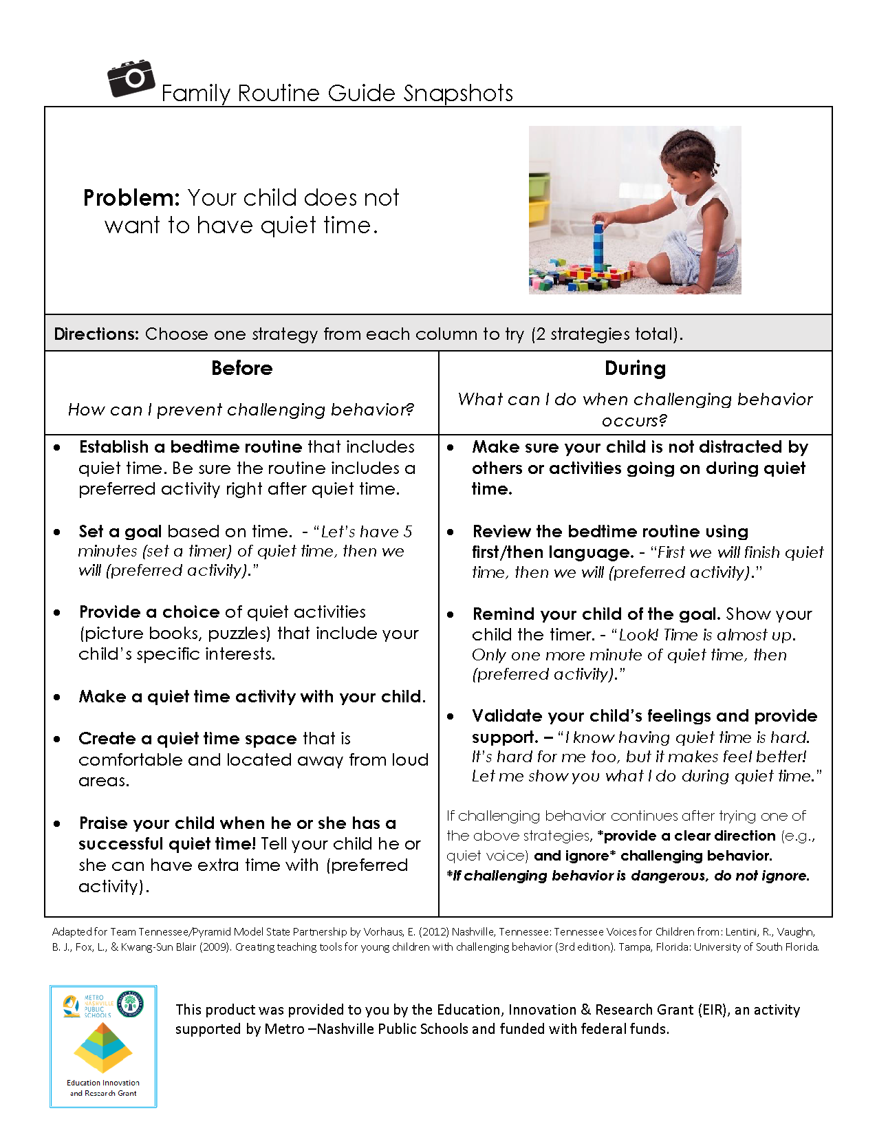 Family Routine Guide Snapshot: Quiet Time